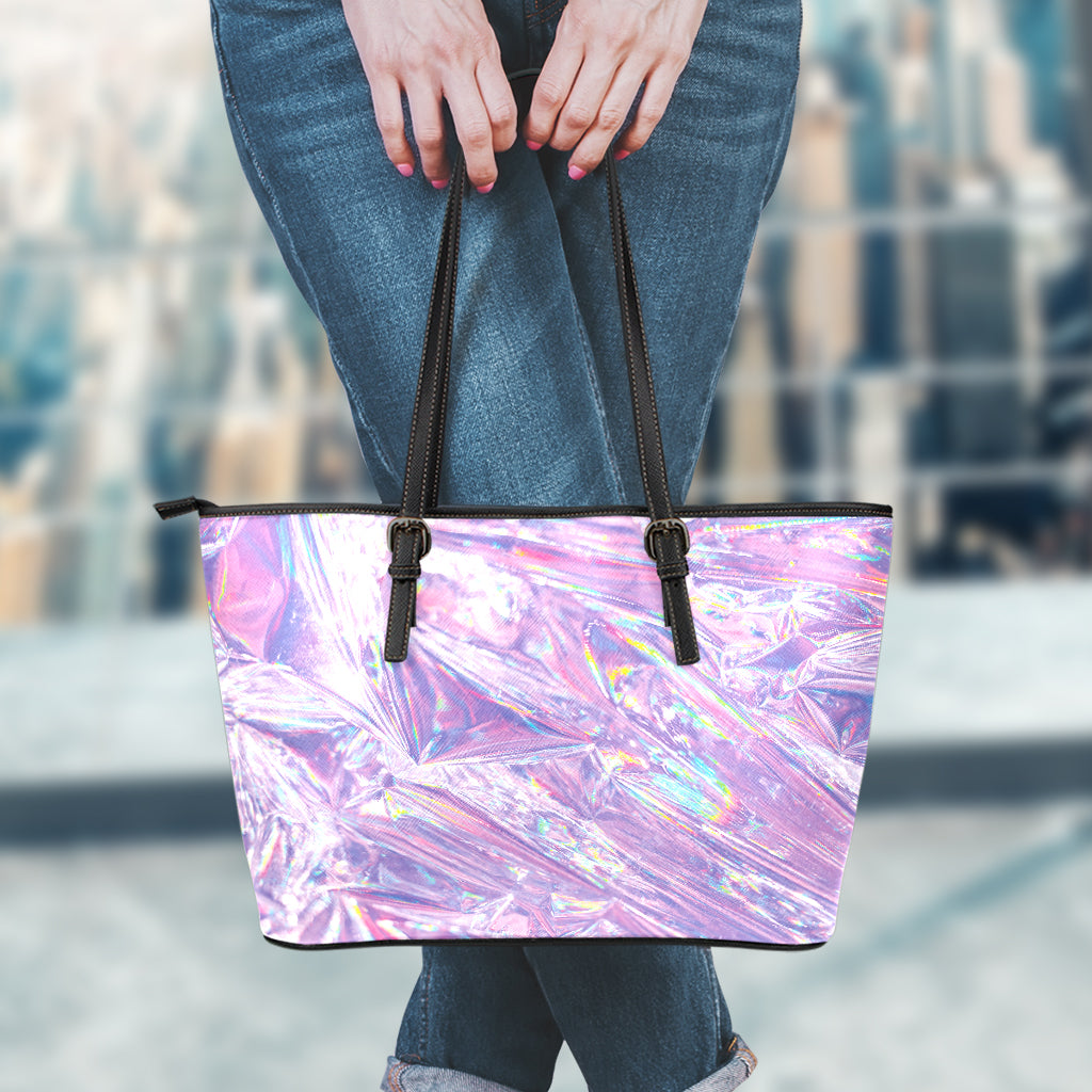 Purple Holographic Print Leather Tote Bag