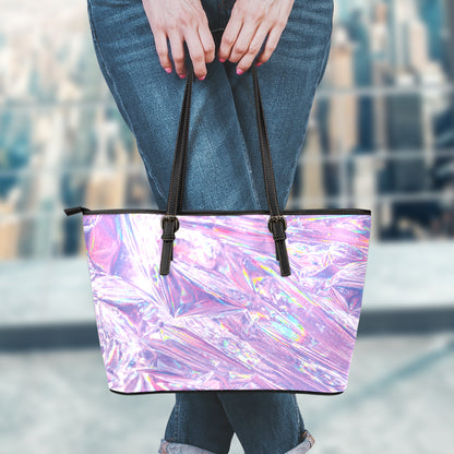 Purple Holographic Print Leather Tote Bag