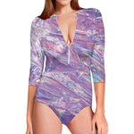 Purple Holographic Print Long Sleeve Swimsuit