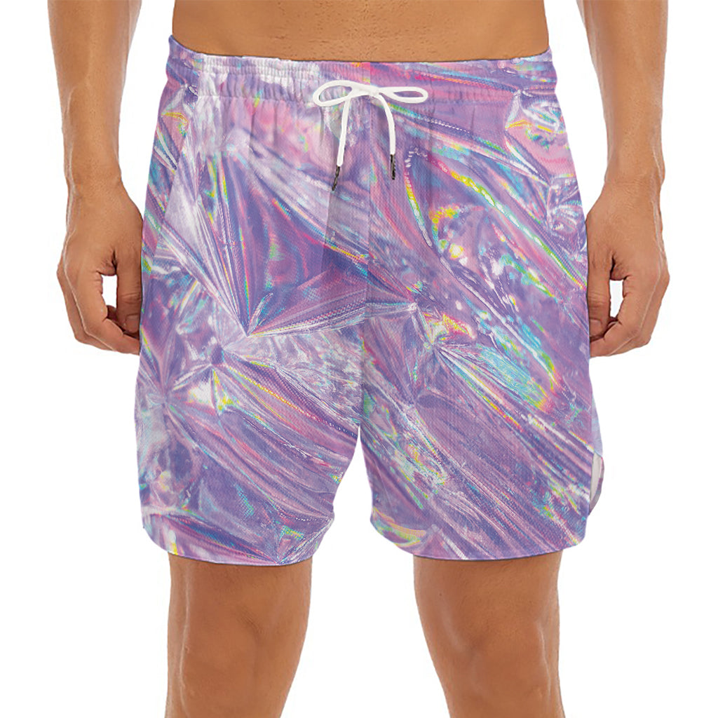 Purple Holographic Print Men's Split Running Shorts