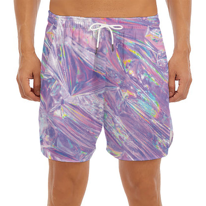 Purple Holographic Print Men's Split Running Shorts