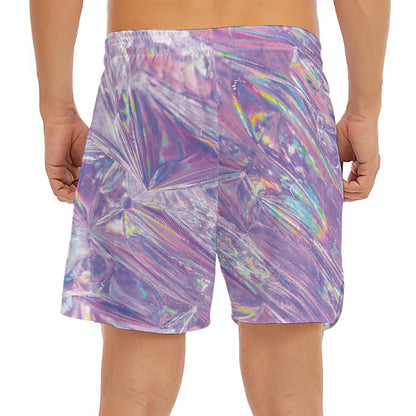 Purple Holographic Print Men's Split Running Shorts