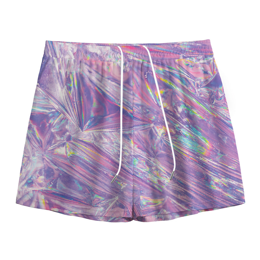 Purple Holographic Print Mesh Shorts