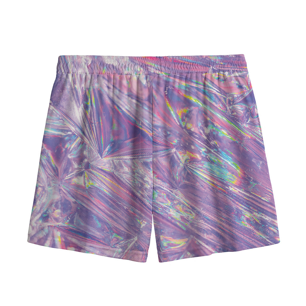Purple Holographic Print Mesh Shorts