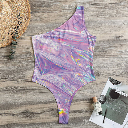 Purple Holographic Print One Shoulder Bodysuit