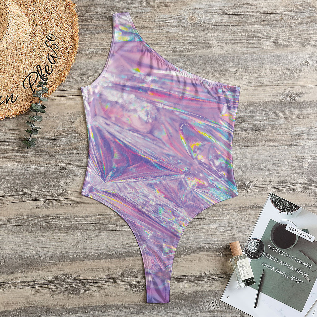 Purple Holographic Print One Shoulder Bodysuit
