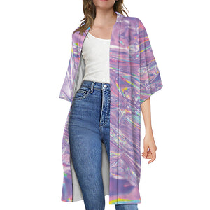 Purple Holographic Print Open Front Beach Cover Up