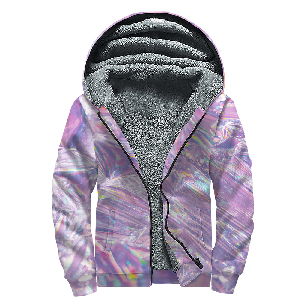 Purple Holographic Print Sherpa Lined Zip Up Hoodie