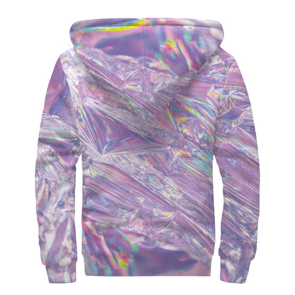 Purple Holographic Print Sherpa Lined Zip Up Hoodie
