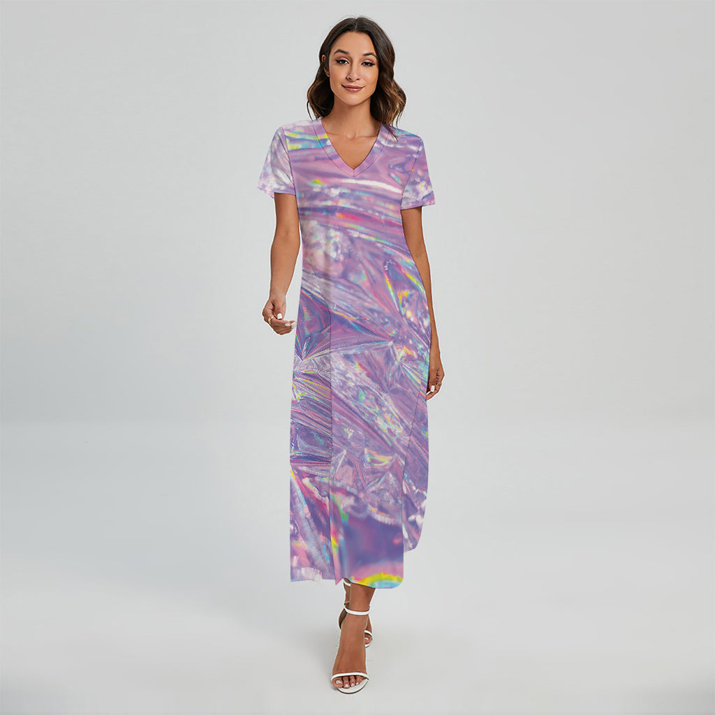 Purple Holographic Print Short Sleeve Maxi Dress