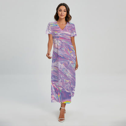Purple Holographic Print Short Sleeve Maxi Dress