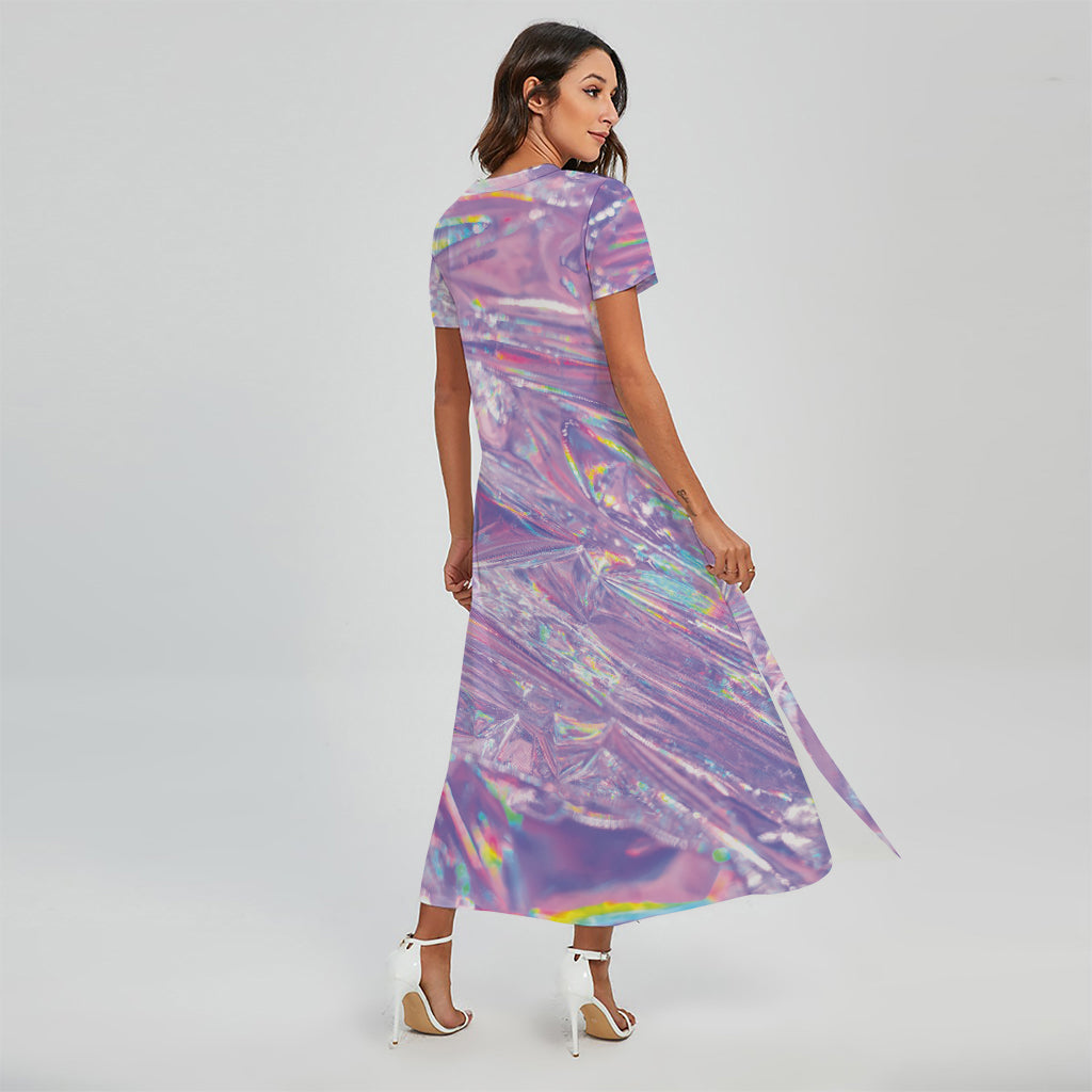 Purple Holographic Print Short Sleeve Maxi Dress
