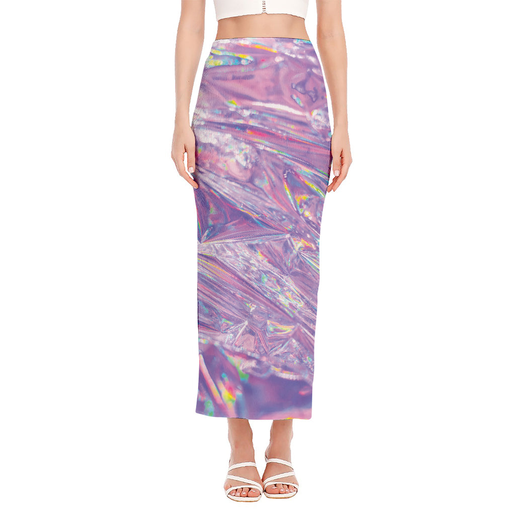 Purple Holographic Print Side Slit Maxi Skirt