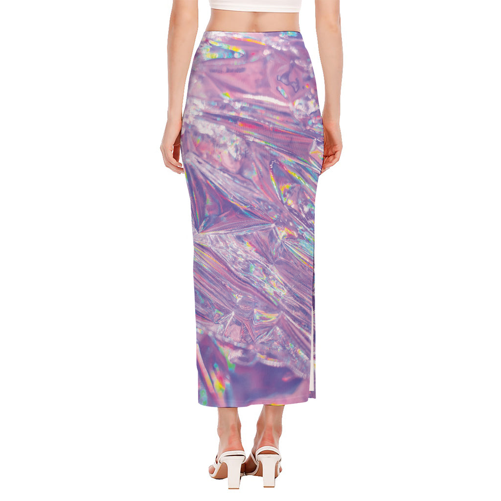 Purple Holographic Print Side Slit Maxi Skirt