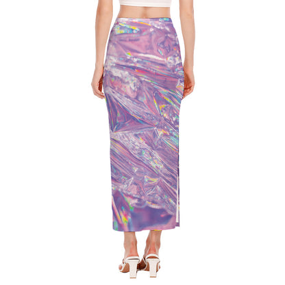 Purple Holographic Print Side Slit Maxi Skirt