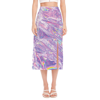 Purple Holographic Print Side Slit Midi Skirt