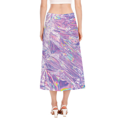 Purple Holographic Print Side Slit Midi Skirt