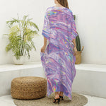 Purple Holographic Print Silk V-Neck Kaftan Dress