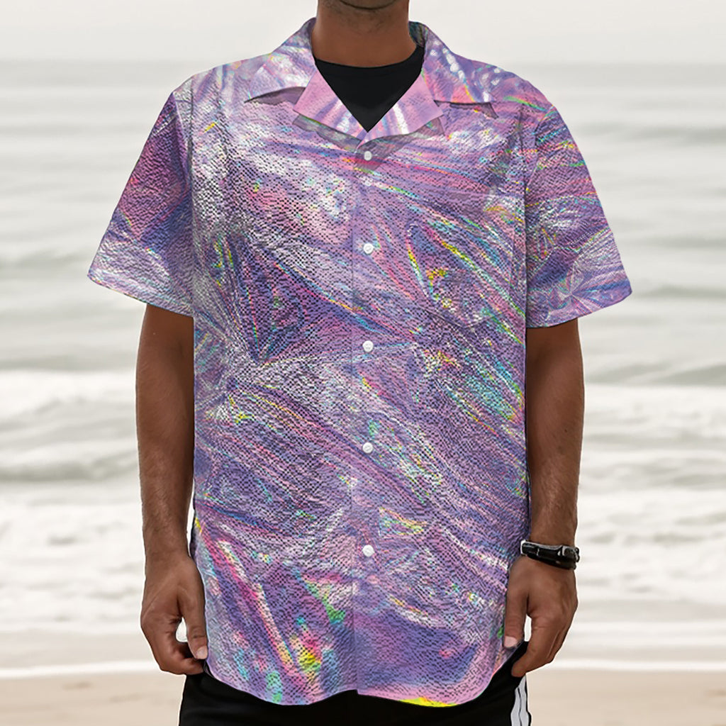 Purple Holographic Print Textured Short Sleeve Shirt