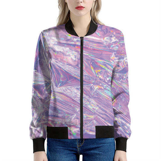 Purple Holographic Print Women's Bomber Jacket