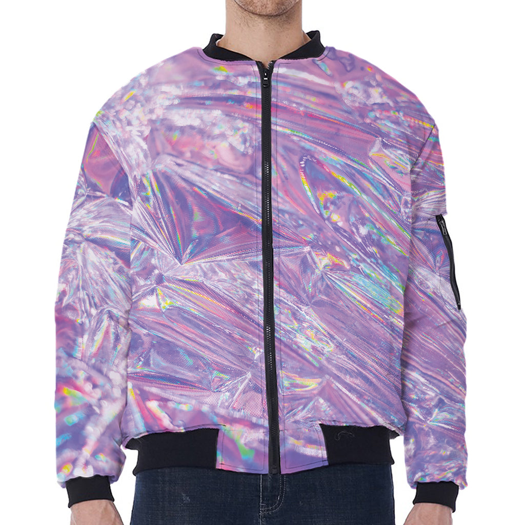 Purple Holographic Print Zip Sleeve Bomber Jacket