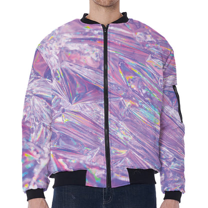 Purple Holographic Print Zip Sleeve Bomber Jacket