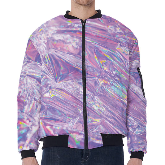 Purple Holographic Print Zip Sleeve Bomber Jacket