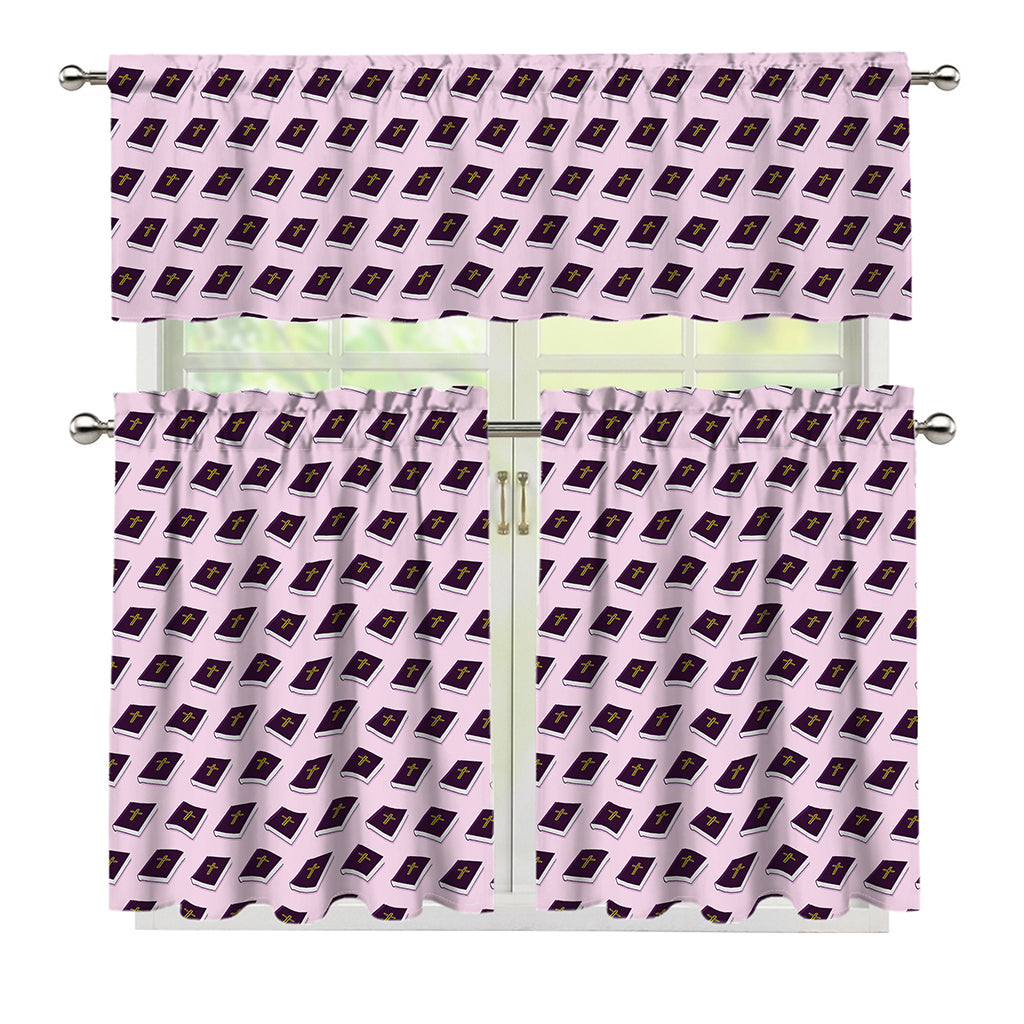 Purple Holy Bible Pattern Print 3 Piece Kitchen Curtains