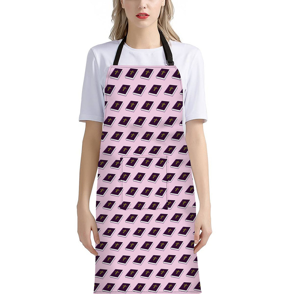 Purple Holy Bible Pattern Print Bib Apron With Pocket