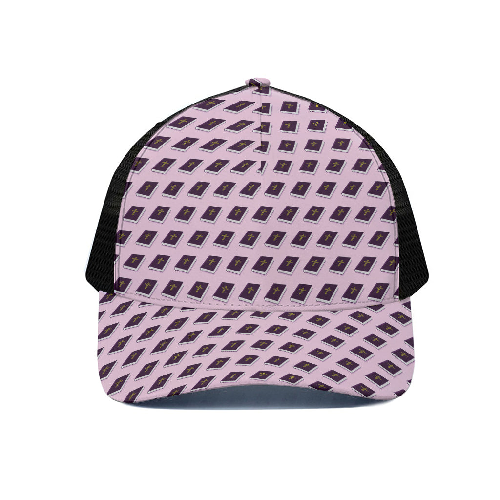 Purple Holy Bible Pattern Print Black Mesh Trucker Cap