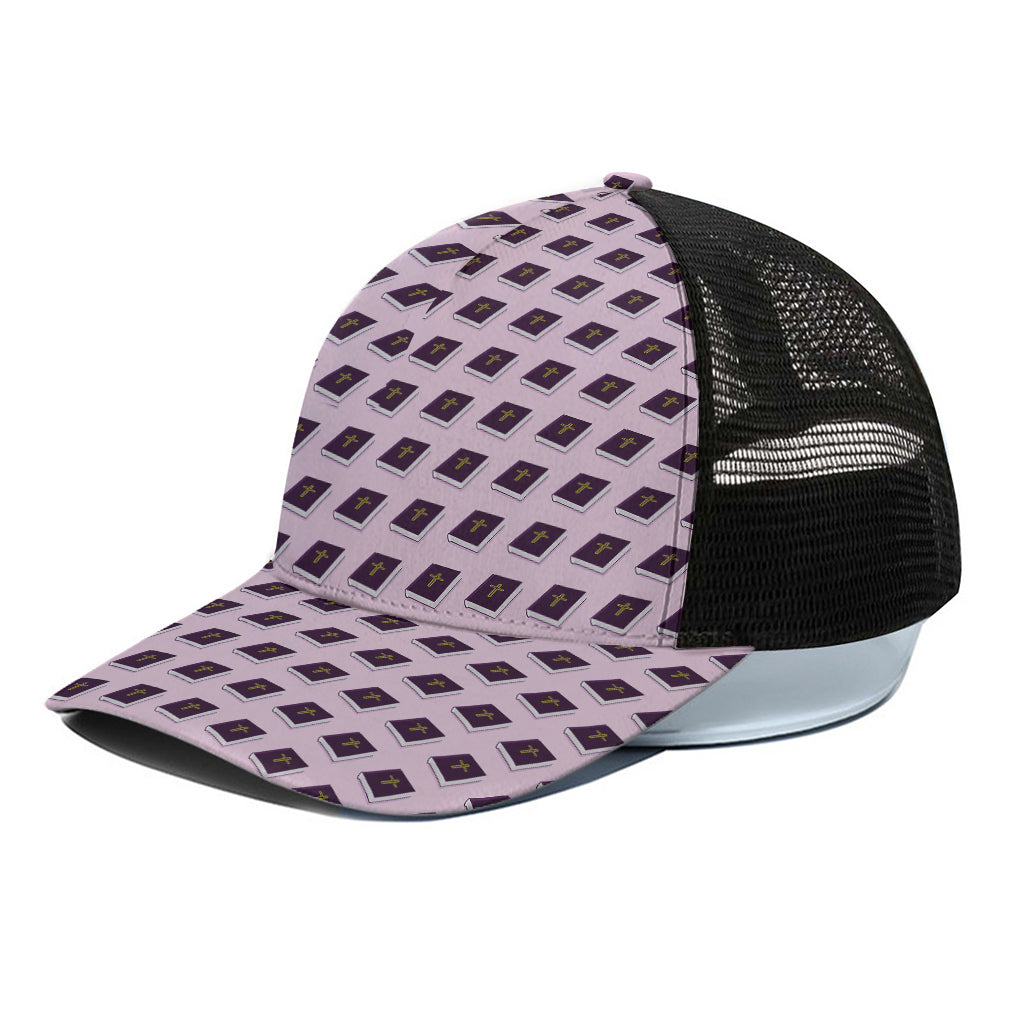 Purple Holy Bible Pattern Print Black Mesh Trucker Cap