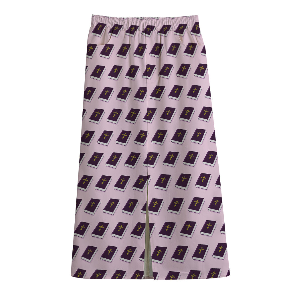 Purple Holy Bible Pattern Print Cotton Front Slit Maxi Skirt