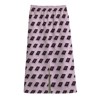 Purple Holy Bible Pattern Print Cotton Front Slit Maxi Skirt