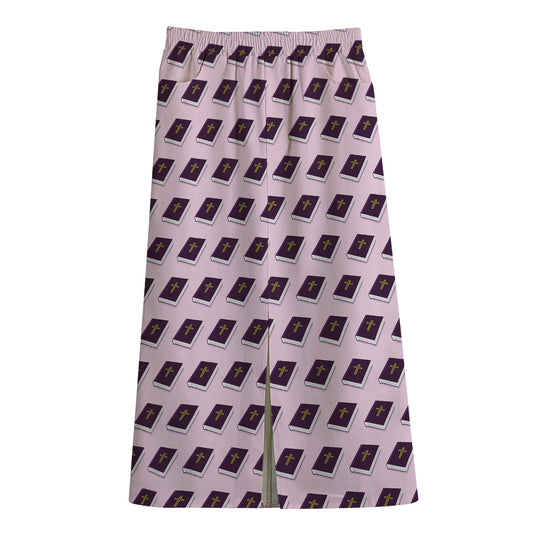 Purple Holy Bible Pattern Print Cotton Front Slit Maxi Skirt