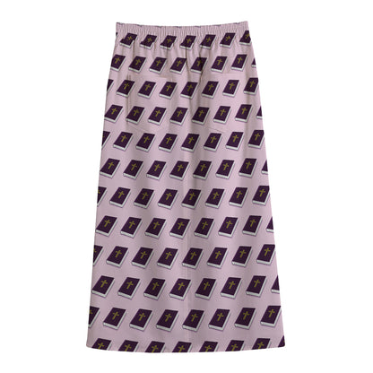 Purple Holy Bible Pattern Print Cotton Front Slit Maxi Skirt