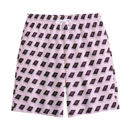 Purple Holy Bible Pattern Print Cotton Shorts