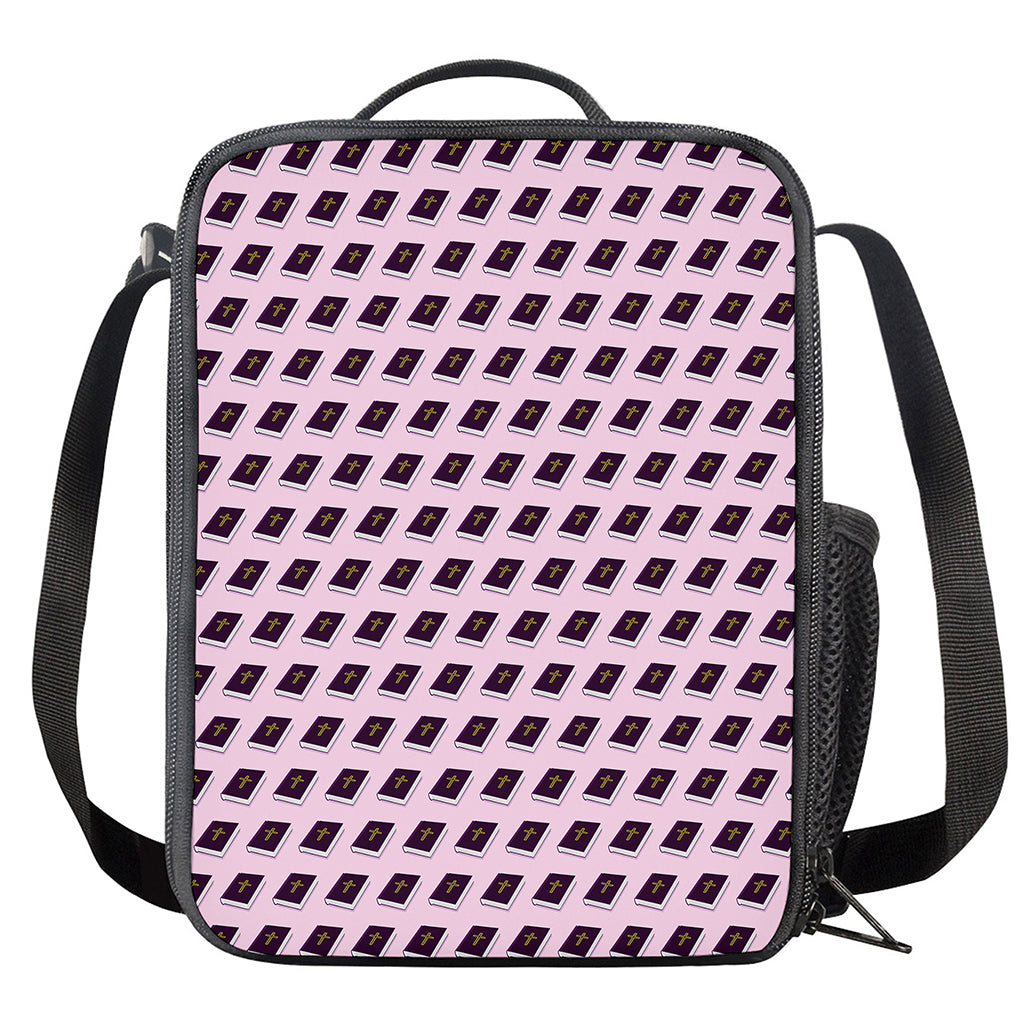 Purple Holy Bible Pattern Print Crossbody Lunch Bag