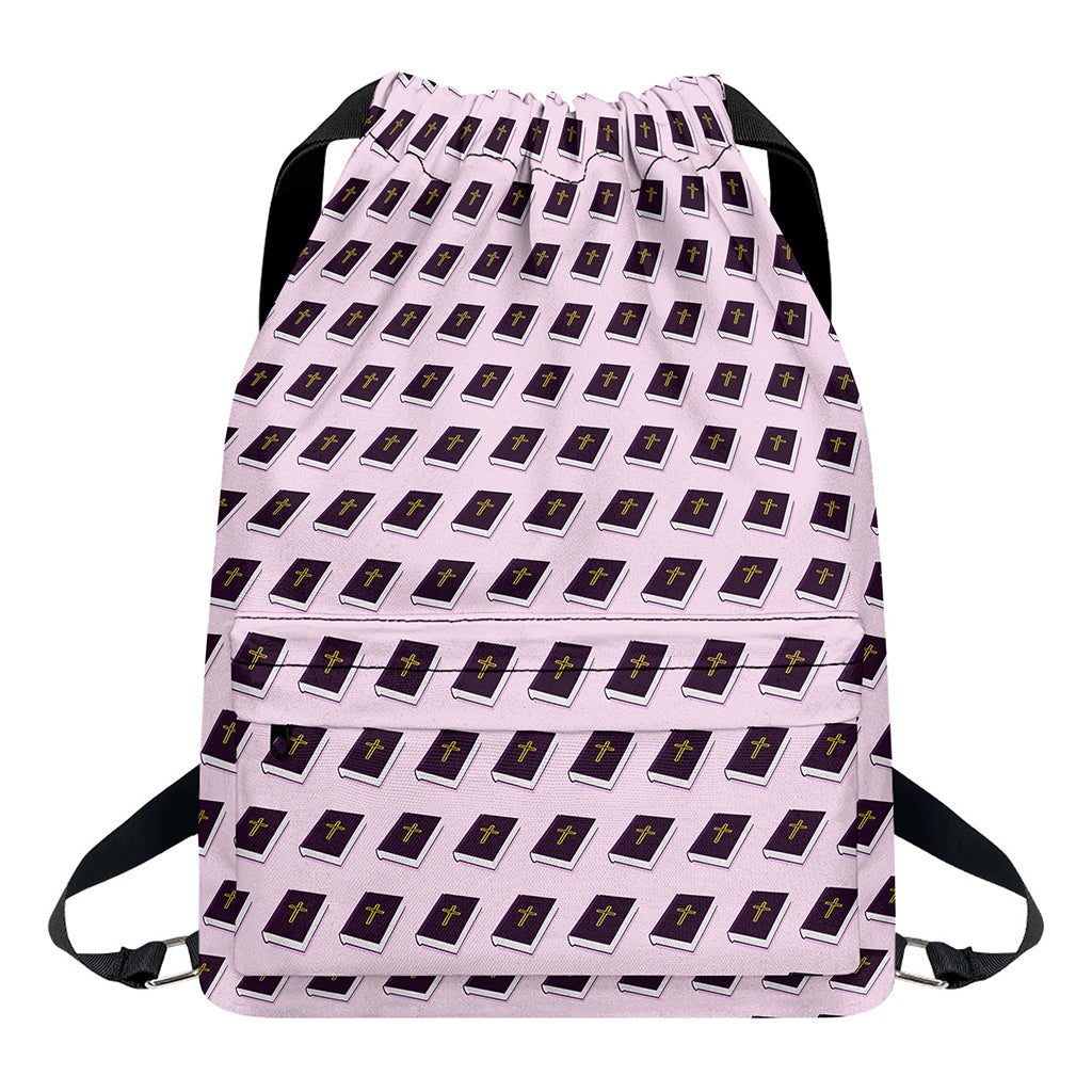 Purple Holy Bible Pattern Print Drawstring Backpack