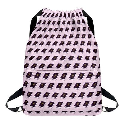 Purple Holy Bible Pattern Print Drawstring Backpack