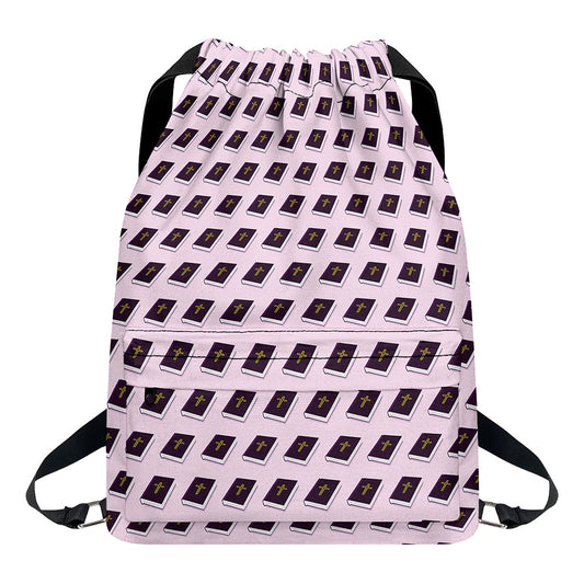 Purple Holy Bible Pattern Print Drawstring Backpack