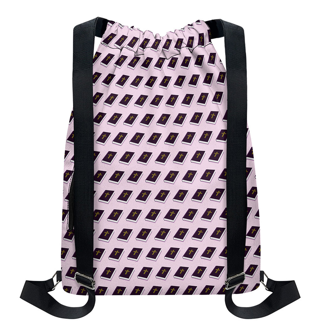 Purple Holy Bible Pattern Print Drawstring Backpack