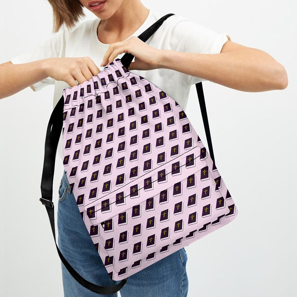Purple Holy Bible Pattern Print Drawstring Backpack