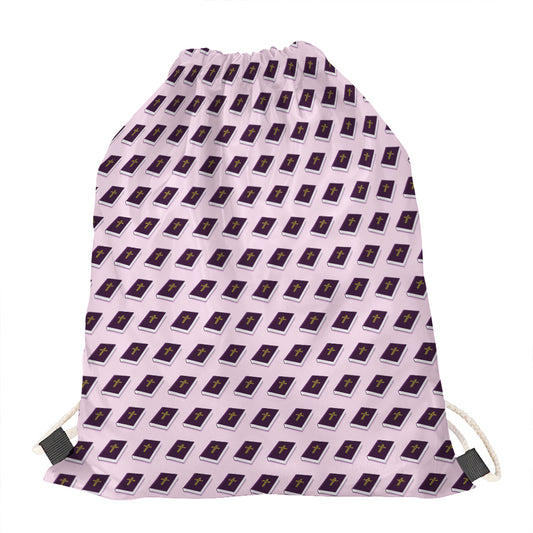 Purple Holy Bible Pattern Print Drawstring Bag