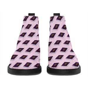 Purple Holy Bible Pattern Print Flat Ankle Boots