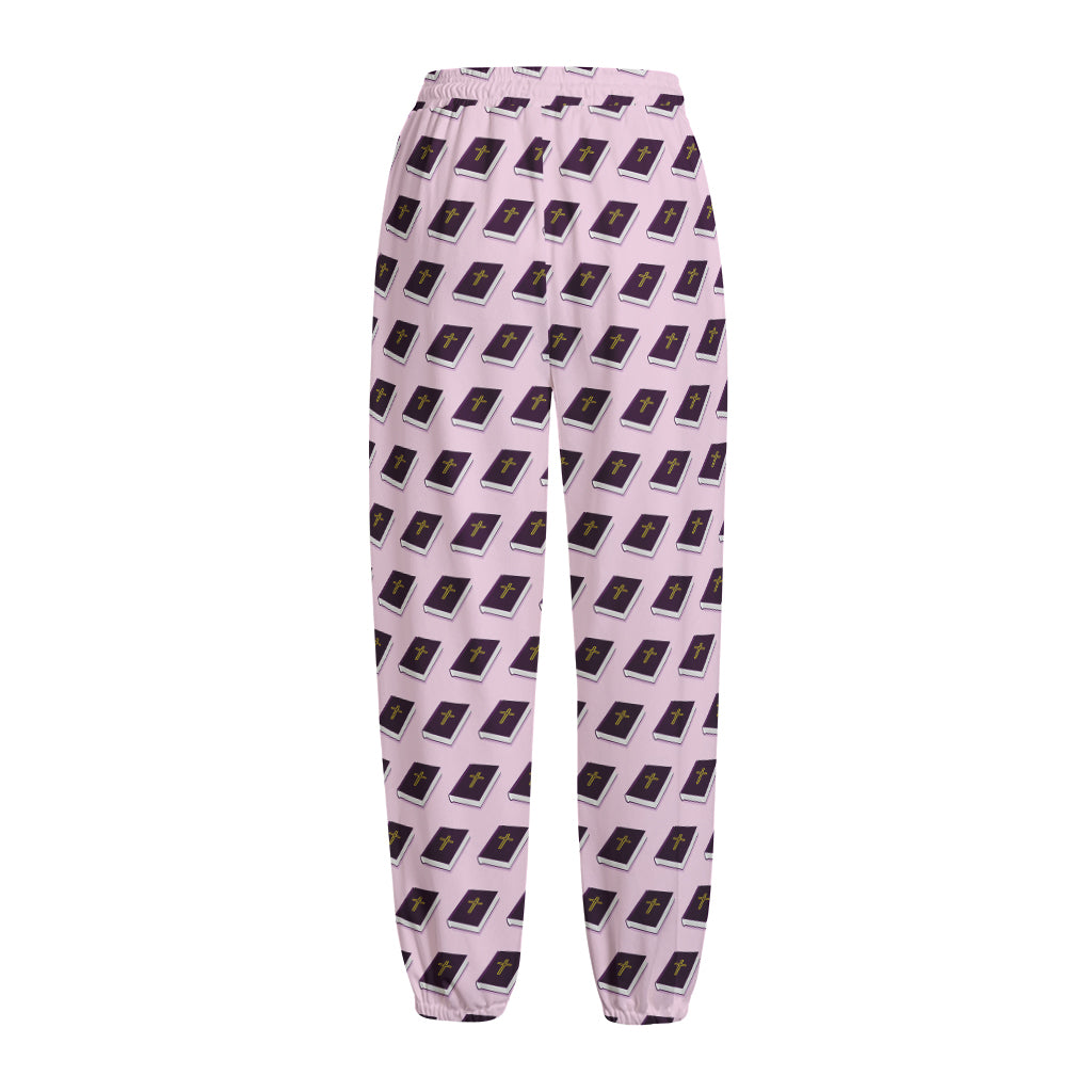 Purple Holy Bible Pattern Print Fleece Lined Knit Pants