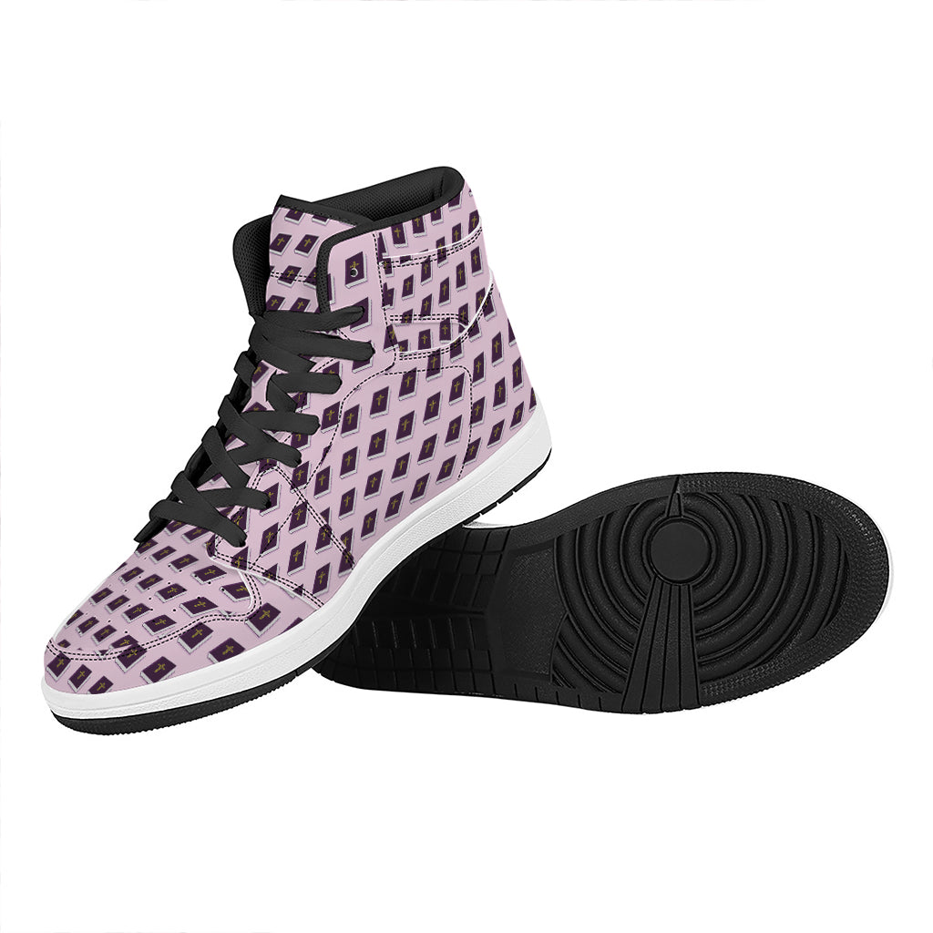 Purple Holy Bible Pattern Print High Top Leather Sneakers