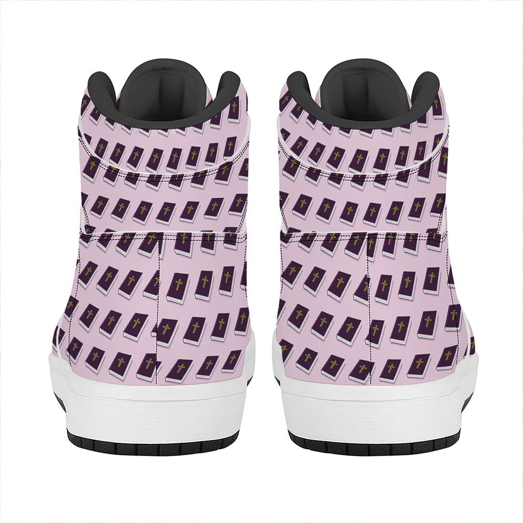 Purple Holy Bible Pattern Print High Top Leather Sneakers