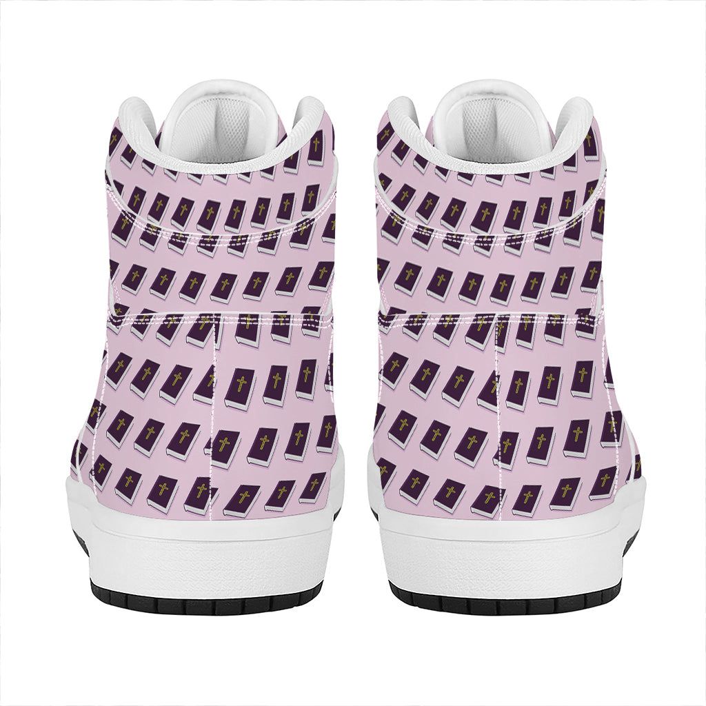 Purple Holy Bible Pattern Print High Top Leather Sneakers