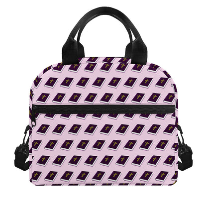 Purple Holy Bible Pattern Print Insulated Lunch Bag