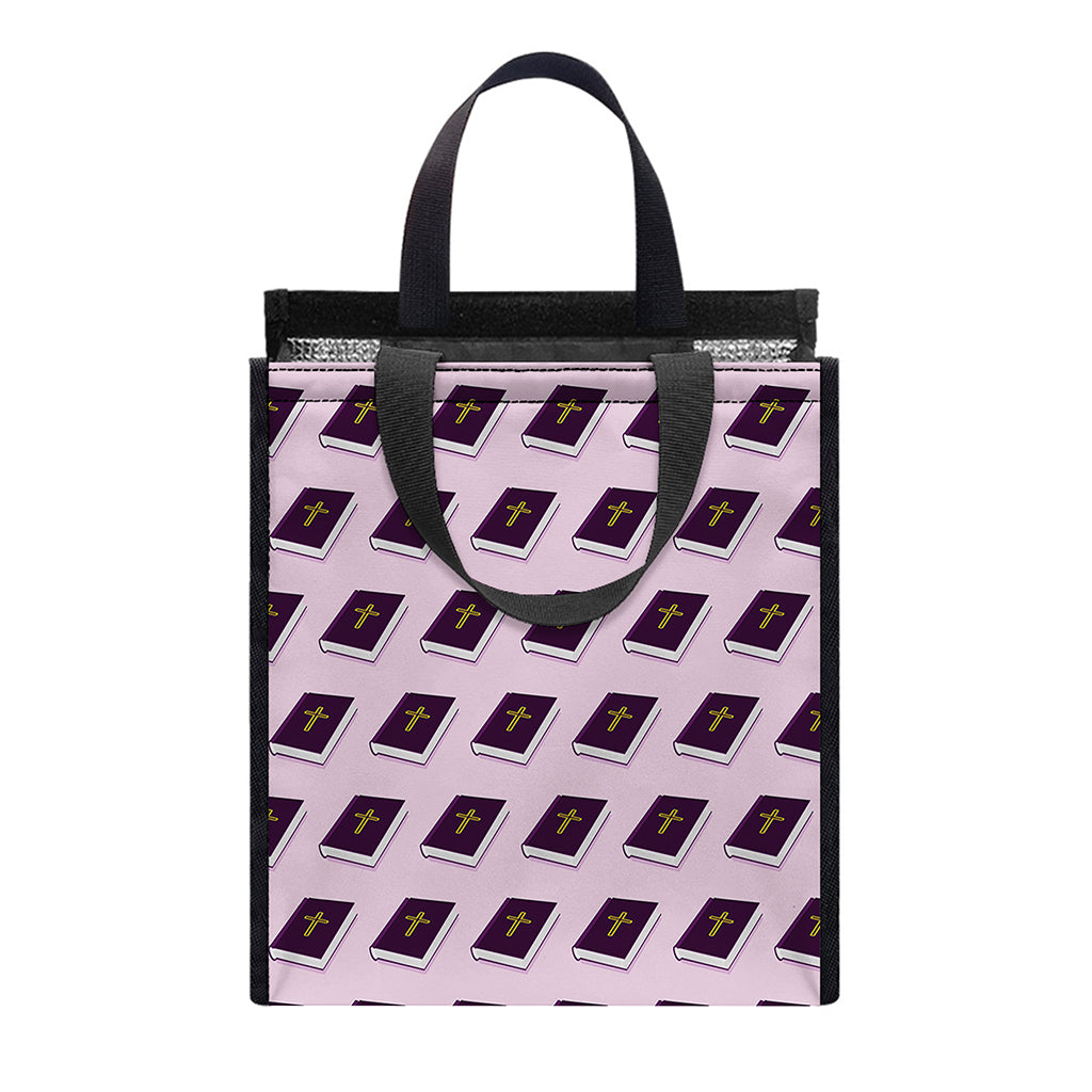 Purple Holy Bible Pattern Print Insulated Lunch Tote
